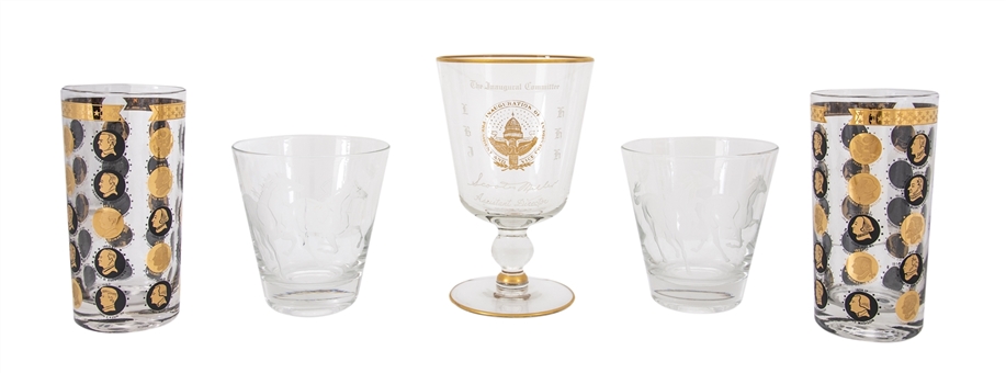 Lot of (5) Presidential Drinking Glasses from the Collection of White House Barber Steve Martini Including (2) JFK and Three LBJ (Martini Family LOA)